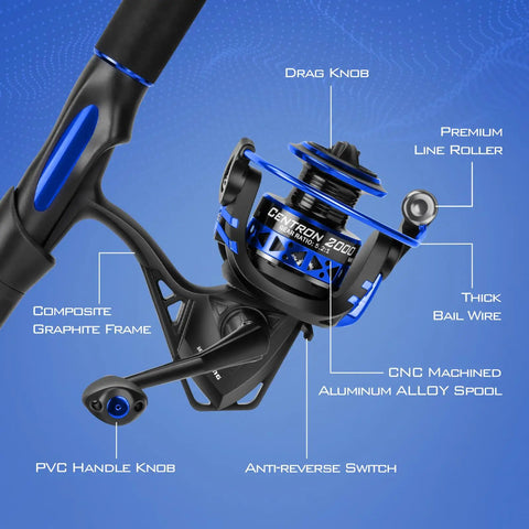 Close-up of Centron Spinning Combo 2000 reel with CNC machined aluminum alloy spool and composite graphite frame.
