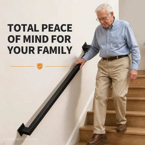 Hella Sturdy Indoor Stair Handrail 9 FT Modern Wrought Iron Railing with Dope Matte Black Powder Coated Finish in use.