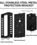 All Metal Anti Theft Ring Doorbell Mount Upgrade Kit With Adjustable Angle 45 To 135 Degrees showing box, backboard, bracket