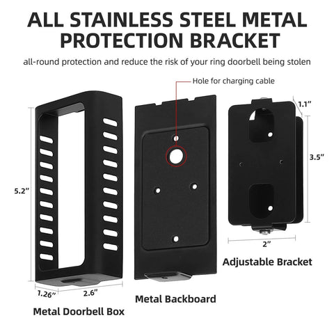 All Metal Anti Theft Ring Doorbell Mount Upgrade Kit With Adjustable Angle 45 To 135 Degrees showing box, backboard, bracket