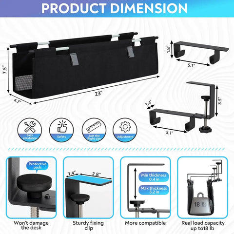 Under Desk Cable Organizer Tray With 20 Piece Kit dimensions and features, breathable mesh vent slot, clamp or screw mount.