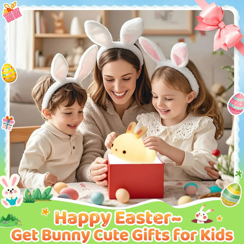 Family opening Bunny Squishy Night Light For Kids With Remote, 16 Colors And 5 Brightness Levels from gift box, Easter theme.