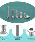 488 Piece M4 Screws Set With Bolts And Nuts Countersunk Hex Socket Flat Head Screws Machine Bolts And Nuts Assortment Includes Spanner Heavy Duty Carbon Steel Rust Resistant High Hardness And Strength Silver Finish image showing various screw sizes, thread detail, and hex socket.
