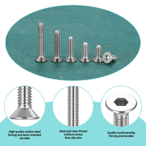 488 Piece M4 Screws Set With Bolts And Nuts Countersunk Hex Socket Flat Head Screws Machine Bolts And Nuts Assortment Includes Spanner Heavy Duty Carbon Steel Rust Resistant High Hardness And Strength Silver Finish image showing various screw sizes, thread detail, and hex socket.