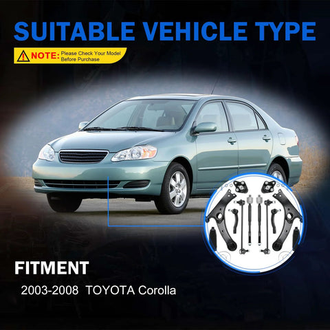 Gariqe 12-piece suspension kit for Toyota Corolla 2003–2008; front three-quarter view with inset of kit components.