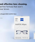ZEISS AntiFOG Wipes 120 count box front view with two wipe sachets; ZEISS logo visible on the packaging.
