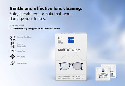 ZEISS AntiFOG Wipes 120 count box front view with two wipe sachets; ZEISS logo visible on the packaging.