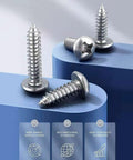 Pro Grade Number 6 X 1/2 Inch 304 Stainless Steel Wood Screws 100 Pack Pan Head Fasteners on a blue surface.