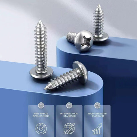 Pro Grade Number 6 X 1/2 Inch 304 Stainless Steel Wood Screws 100 Pack Pan Head Fasteners on a blue surface.