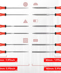 Pro Grade Heavy Duty 17 Piece Metal File Set with T12 Drop Forged Alloy Steel, various shaped files, and measurements displayed