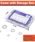 600 Piece Flat Washers Set For Screws And Bolts 304 Stainless Steel Assortment Kit With 7 Sizes M3 M4 M5 M6 M8 M10 M12 displayed in box