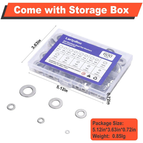 600 Piece Flat Washers Set For Screws And Bolts 304 Stainless Steel Assortment Kit With 7 Sizes M3 M4 M5 M6 M8 M10 M12 displayed in box