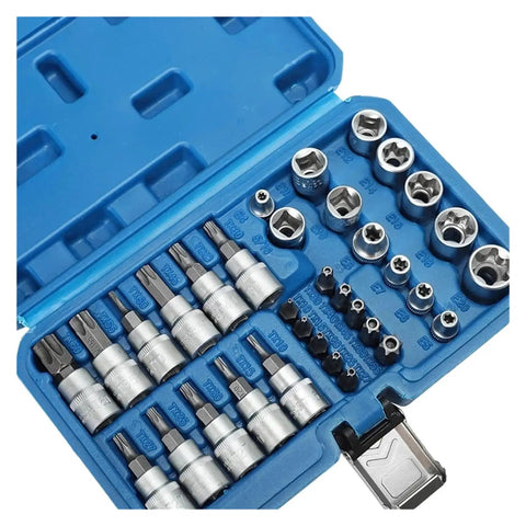 34 Pc Pro Torx Star Socket And Bit Set With Male And Female Security Bits Drive Hand Tool Kit For Heavy Duty Auto Repair And Tough Bolt Loosening Tasks, blue case