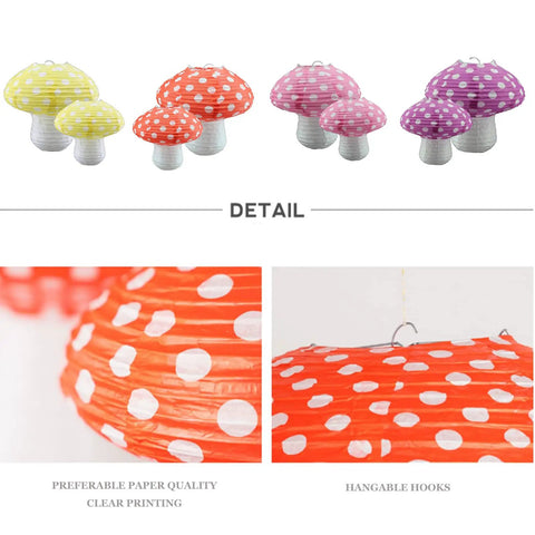 Totally Adorable Mushroom Shaped Paper Lanterns Set For Indoor And Outdoor Parties, Forest Jungle Wonderland Theme, detail view