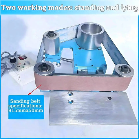 Pro 750W Brushless Belt Sander Machine With Adjustable Speed Up To 6500 RPM Dual-Use Bench Polisher showing adjustable belt height and control panel.