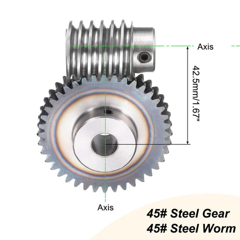 Heavy Duty 40 To 1 Worm Gear Set with 1.5 Module, 40 Teeth, 12mm Bore, 45 Steel, showing gear and worm alignment, uxcell.
