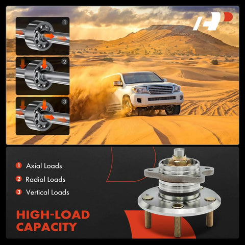 Rear Wheel Bearing Hub Assembly Set 2 Pack For Kia Optima 2006 2007 2008 And Magentis 2006 2007 2008 2009 2010 5 Lug Non ABS Brakes Compatible High Load Replacement with SUV in desert, load diagram, and product