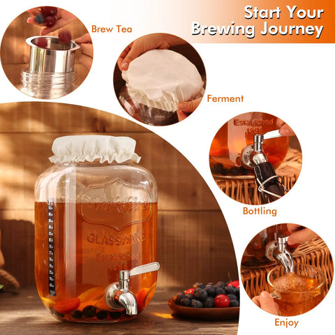1 Gallon Kombucha Starter Kit With Glass Jar, Spigot And Stainless Mesh Filter, Easy Home Brew Fermentation Kit in use