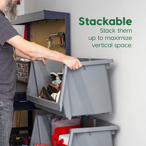 Person stacking Six Pack Dark Gray Open Front Storage Totes With Oversized Handles Built Like A Tank Heavy Duty Stackable Plastic Bins.