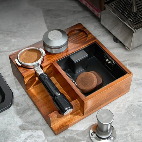 Solid Wood Espresso Tamper Holder Combo With Integrated Knock Box And Grounds Bin Fits Standard 58 Millimeter Portafilters, organized on countertop.
