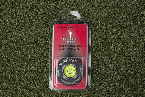 Putt Lite Golf Green Reader Pro Tool With Precision Leveling Vial in packaging on grass, compact 2-inch ABS design.