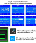 No Sweat Fingerprint Time Attendance System Bundled With Rock Solid 400lb Magnetic Lock Entry Kit Includes Exit Push Switch And Plug In Power Brick For Badass Building Security Upgrades display interface showing time and menu options.