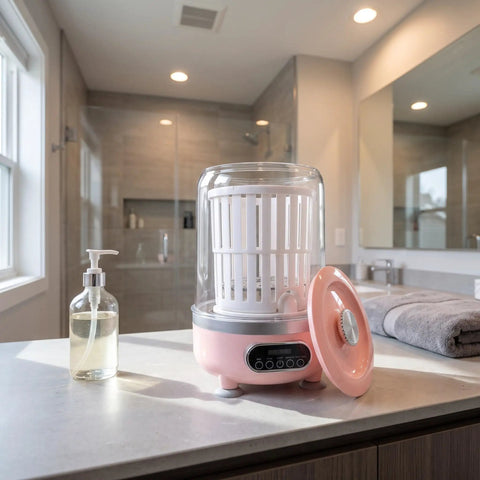 Game Changing Go Anywhere Portable Mini Washing Machine For Socks And Underwear With Hassle Free Cordless Operation Ultra Compact 3 Liter Tank on bathroom counter.