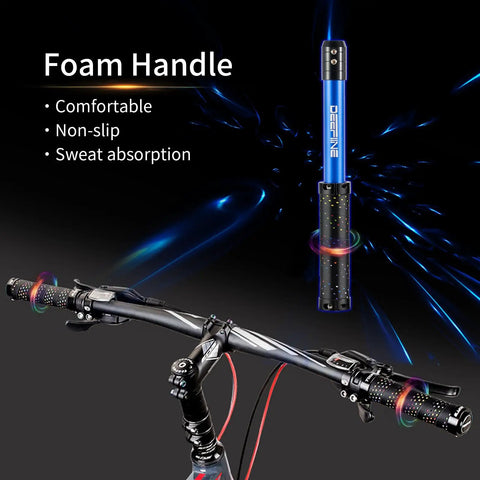 Close-up of bike handlebars with highlighted foam handle grip, emphasizing comfort, non-slip, and sweat absorption features.