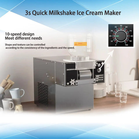 Heavy Duty Commercial Snowflake Ice Maker, No Fuss Adjustable Speed Electric Snow Cone Machine, built tough stainless steel ice shaver on counter.