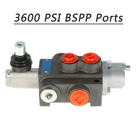 Kimllier hydraulic directional control valve, 1-spool, BSPP ports, side view with orange port caps