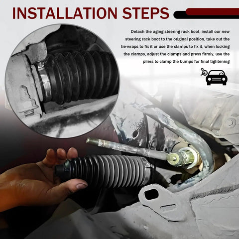 Installation of cut to fit silicone rack and pinion boot kit with inner tie rod boot, adjustable diameters 0.39 to 1.77 inch.