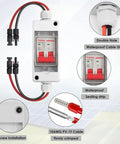 Outdoor Solar Disconnect Switch 20 Amp IP Waterproof DC Miniature Circuit Breaker For PV Systems And Home Use With Plug And Play No Fuss Universal Connector Design For Quick Easy Wiring And Weatherproof Performance, showing front view with wiring details and connector.