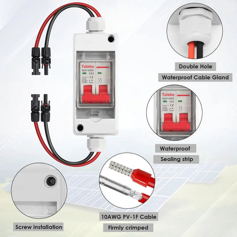 Outdoor Solar Disconnect Switch 20 Amp IP Waterproof DC Miniature Circuit Breaker For PV Systems And Home Use With Plug And Play No Fuss Universal Connector Design For Quick Easy Wiring And Weatherproof Performance, showing front view with wiring details and connector.