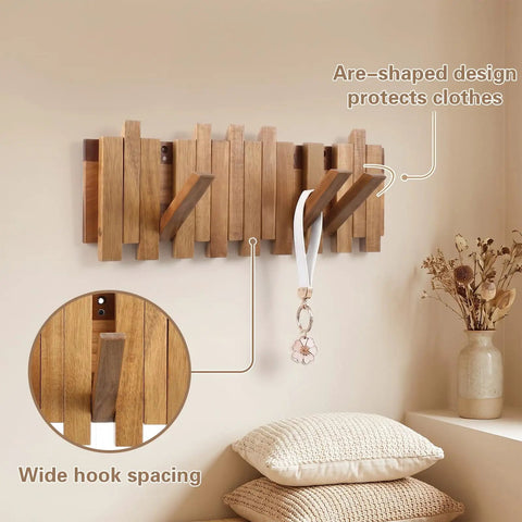 Premium Acacia Wood Wall Mounted Coat Rack With Eight Retractable Hooks, space saving flip down entryway stand view with key holder.