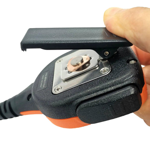 Close-up of IP65 Waterproof Shoulder Microphone backplate for Vertex and Yaesu radios showing hinge and metal contacts.