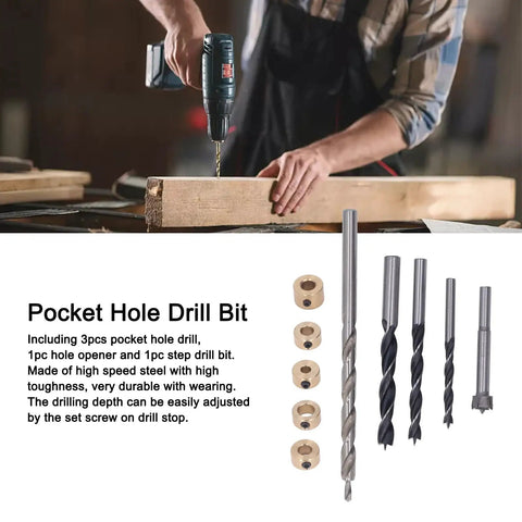 Top Notch 5 Piece Pocket Hole Drill Bit Set Made From High Speed Steel With Adjustable Depth And Three Knife Points For Super Clean Woodworking Holes In Just About Any Project You Got Going On, pocket hole drilling set