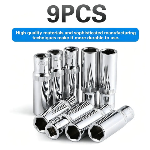 Nine Piece 10mm Deep Socket Set with 1/4 Inch Drive 6 Point Design Rust Resistant chrome finish multiple angles