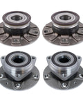 Front and Rear Wheel Bearing and Hub Assembly Set for 2015 to 2021 Volkswagen GTI, 2019 to 2021 Jetta S SE R Line SEL Premium, and 2015 to 2017 Audi A3 Sedan with 85mm Front Bearing Diameter, Easy Install 4 Piece Kit, shown in four separate units on a white background