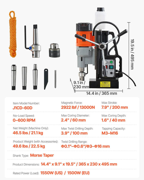 Beast Magnetic Drill Press For Metalwork With 1550W Power, 2.4 Inch Coring Diameter, 0-600 RPM Variable Speed, tools included