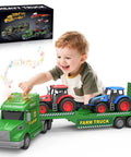 Child playing with Large 27 Inch Farm Truck Toy Set With Two Tractors And A 3 In 1 Inertia Powered Transport Vehicle With Lights And Realistic Sounds