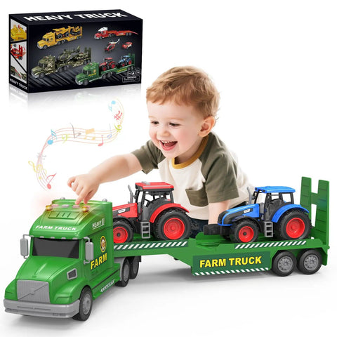 Child playing with Large 27 Inch Farm Truck Toy Set With Two Tractors And A 3 In 1 Inertia Powered Transport Vehicle With Lights And Realistic Sounds