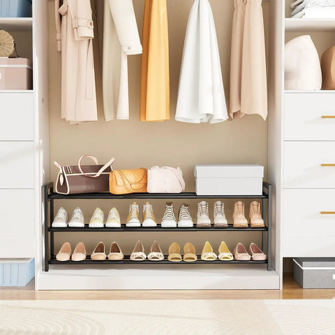 Expandable Shoe Rack With Adjustable Width From 18.5 To 48 Inches, 3 Tier Metal Shoe Organizer in closet holding shoes