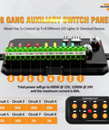 8 Gang Switch Panel BA80 Universal Circuit Control Relay Box with displayed circuit capacities for cars and boats, 12V/24V compatible.