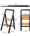 Two Step Folding Aluminum Stool With Wood Grain Finish showing dimensions and anti slip design with long handgrip, collapsible ladder open view