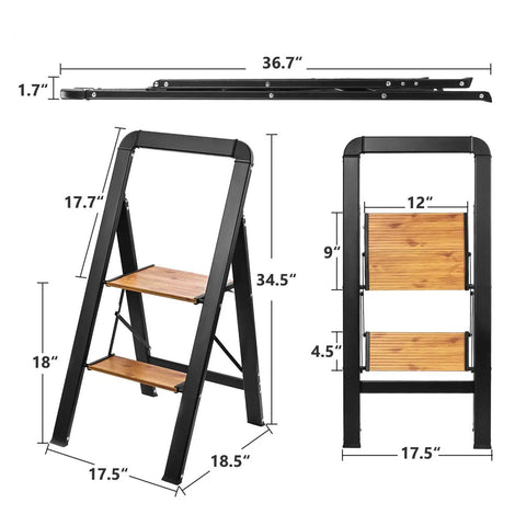 Two Step Folding Aluminum Stool With Wood Grain Finish showing dimensions and anti slip design with long handgrip, collapsible ladder open view
