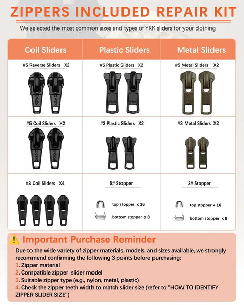 All In One Zipper Repair Kit With Replacement Sliders Pulls And Stoppers For Universal Zippers Including Size 3 And 5 Quick Fix For Jackets Jeans Purses Backpacks And Outdoor Gear showing coil, plastic, and metal sliders.