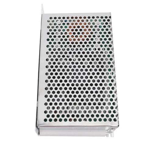 Beefy DC To DC Converter Module With Adjustable Voltage Regulator, silver metal enclosure with ventilation holes, for power conversion.