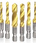 Six Piece Titanium Coated Drill Tap Set For Aluminum, Brass, Zinc, Copper, Plastic And Wood Heavy Duty All In One 3 In 1