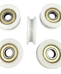 Top Shelf Quiet Nylon U-Groove Pulley Roller Wheels With Deep Groove Ball Bearings For Heavy Duty Sliding Doors and Slick Gym Cable Track Systems With Durable 8X30X10MM Guide Rollers, featuring white nylon wheels.