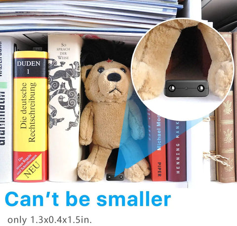 Smallest Wireless WiFi Hidden Camera with 1080P HD Video Live Feed Portable Nanny Cam placed on a shelf next to books and a toy.